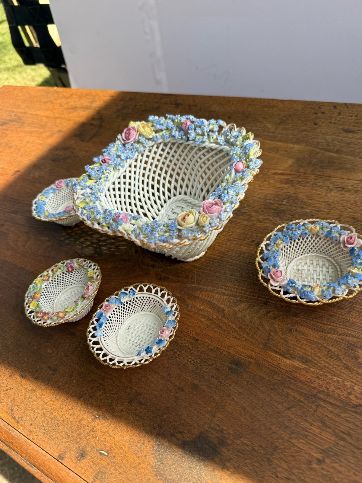 Antique German Dresden Porcelain Floral Basket Set Applied Flowers Roses 5 Pc
