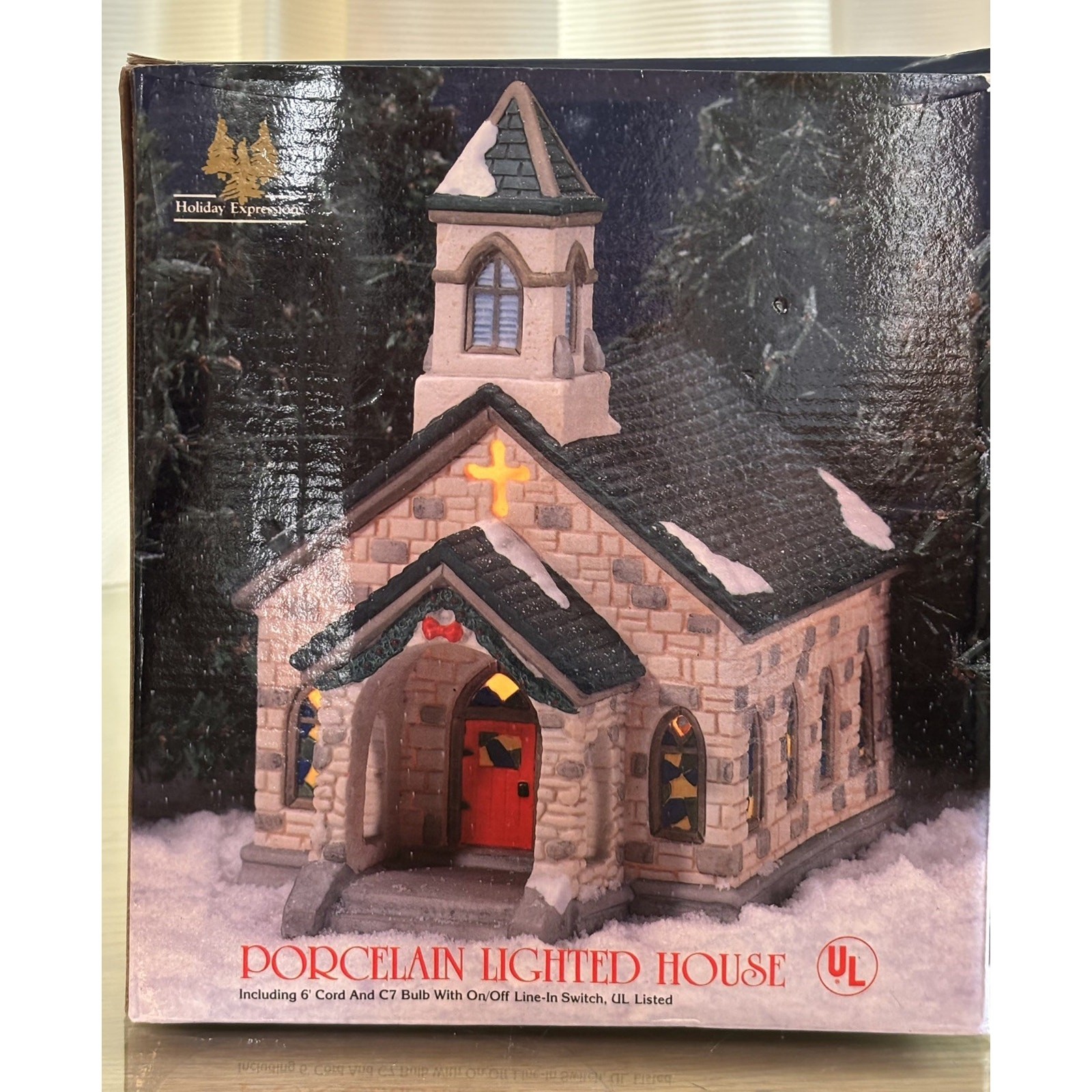 Vintage 1997 Village Painted Lighted Church with Cross by Holiday Expressions
