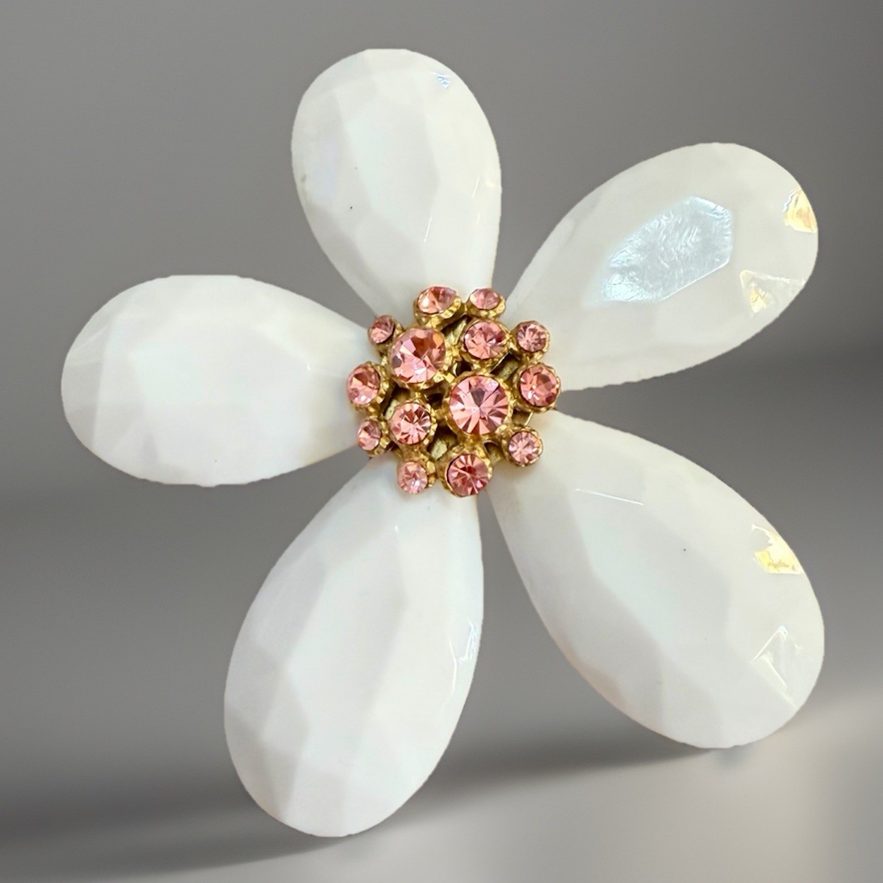 Faceted Flower Brooch Pin Large White Petals Pink Rhinestone Center LARGE