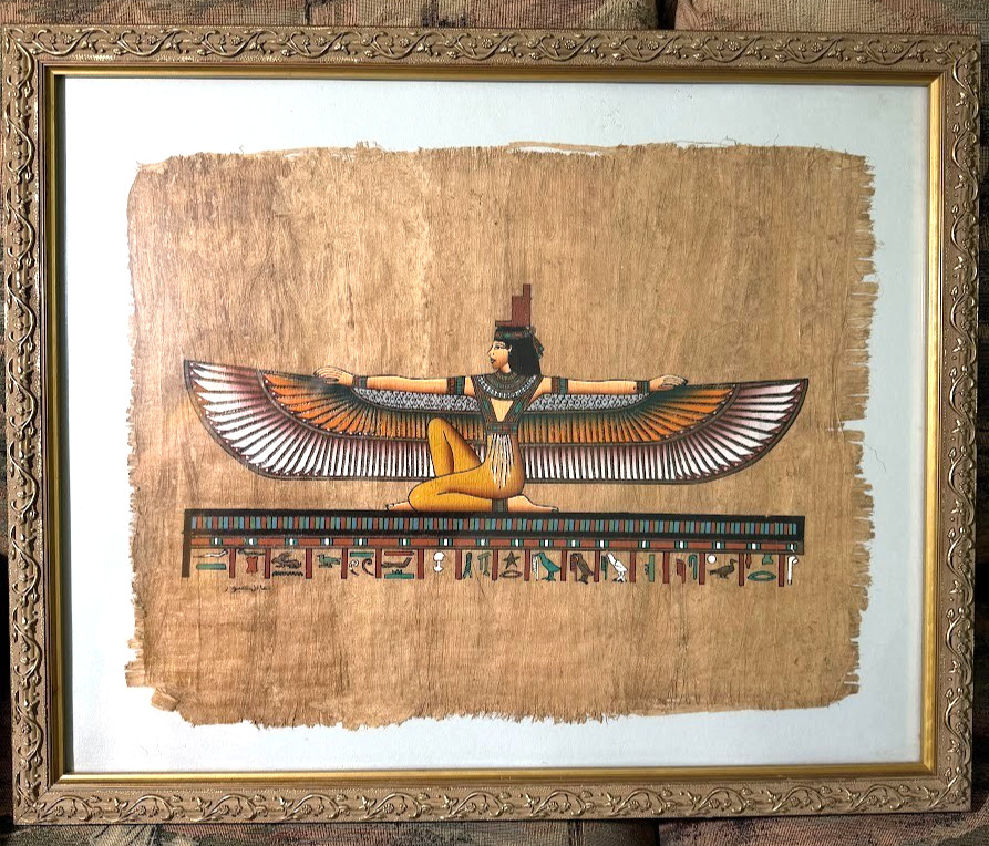 Signed Egyptian Papyrus Winged Goddess Painting 21x17 Framed -arts-Adel Ghabbour