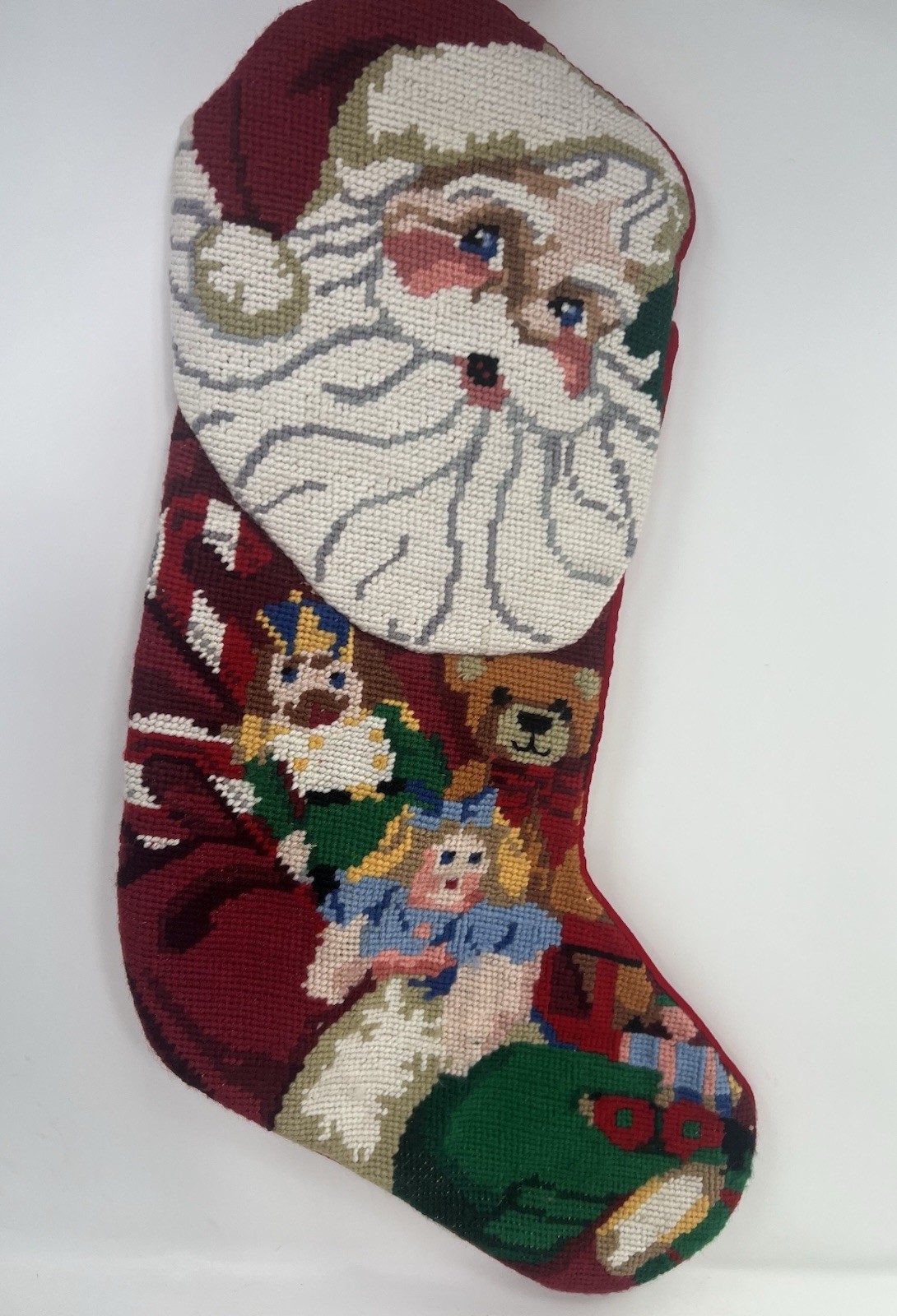 Vintage Dimensional Santa Needlepoint Christmas Stocking with Toys Nutcracker