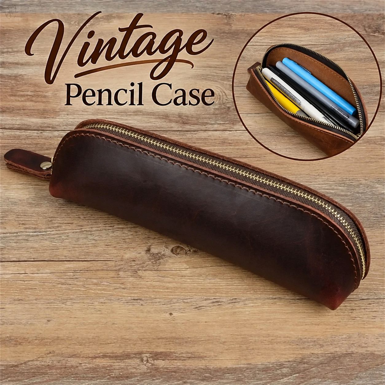 Vintage Coffee Brown Pencils Case Pen Pouch Zipper Stationery Storage Bag Holder