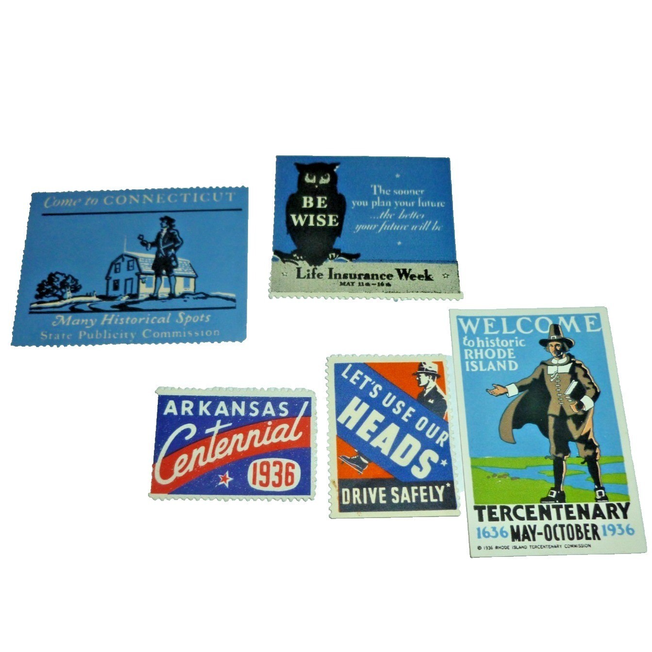 Vintage 1930s Poster Stamps Lot 6 Connecticut Rhode Island Arkansas Safety Owl