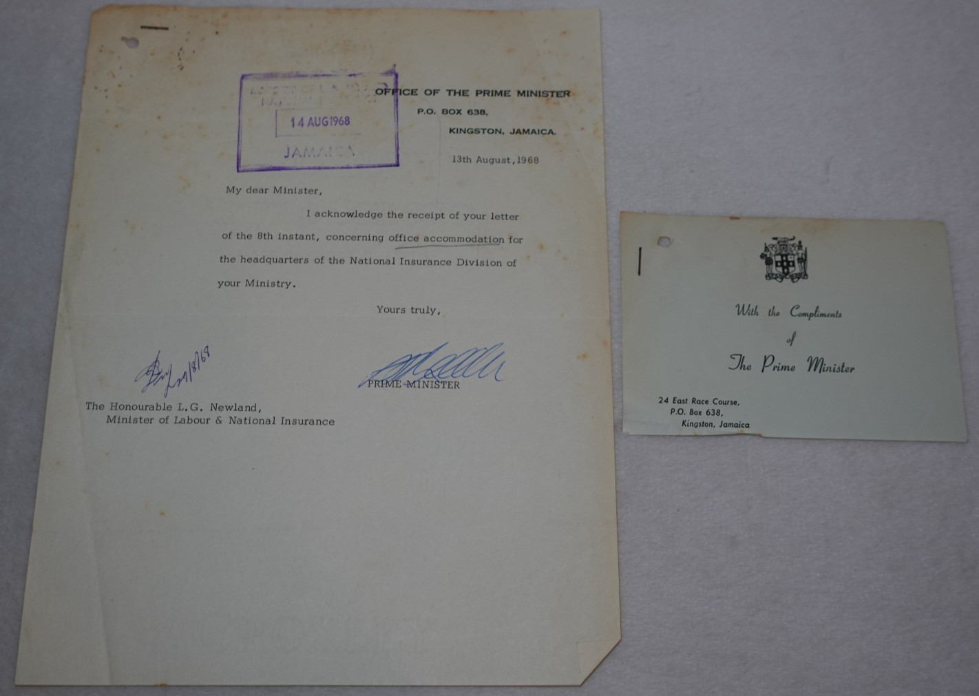 Hugh Shearer SIGNED Prime Minister Jamaica 1968 Original Vintage Letter