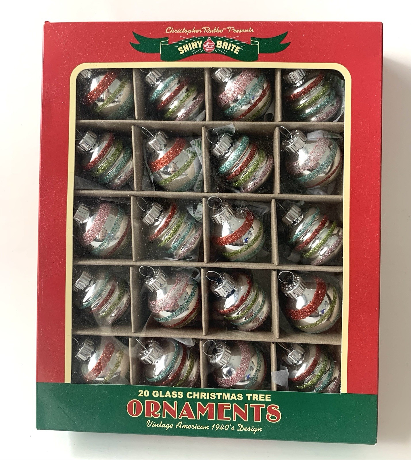 Radko Shiny Brite Retro Festive Fete Shapes & Rounds Ornaments Set/20 **NEW