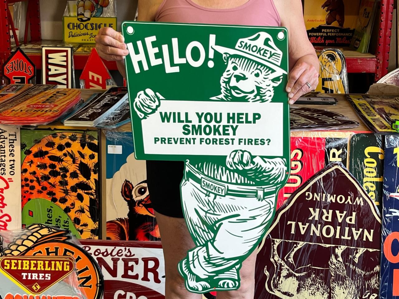 Vintage Style Metal Sign Hello Smokey Bear NOT Porcelain 30x16 Made USA