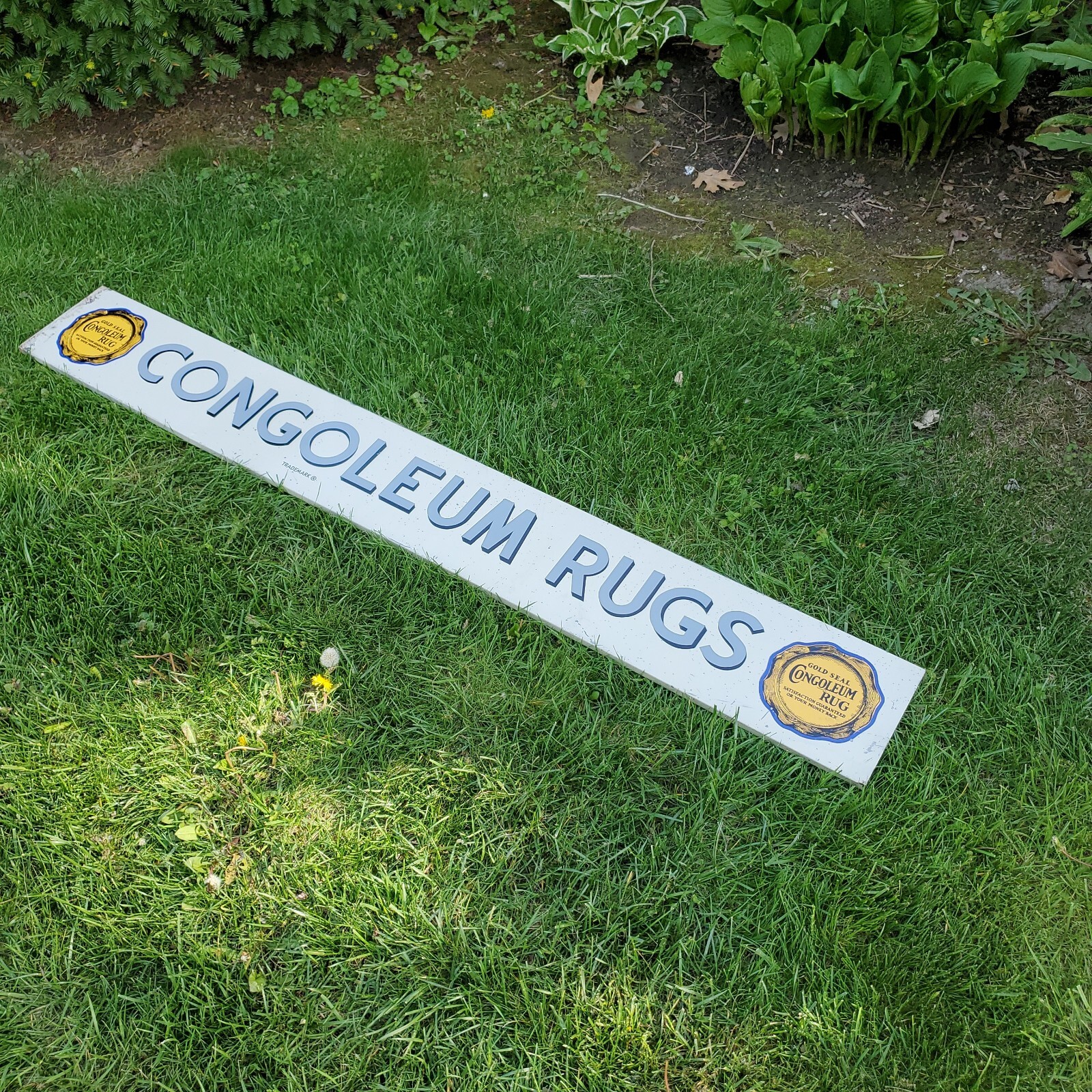c.1950s Original Vintage Congoleum Rugs Sign Metal Gold Seal Furniture Sears Gas