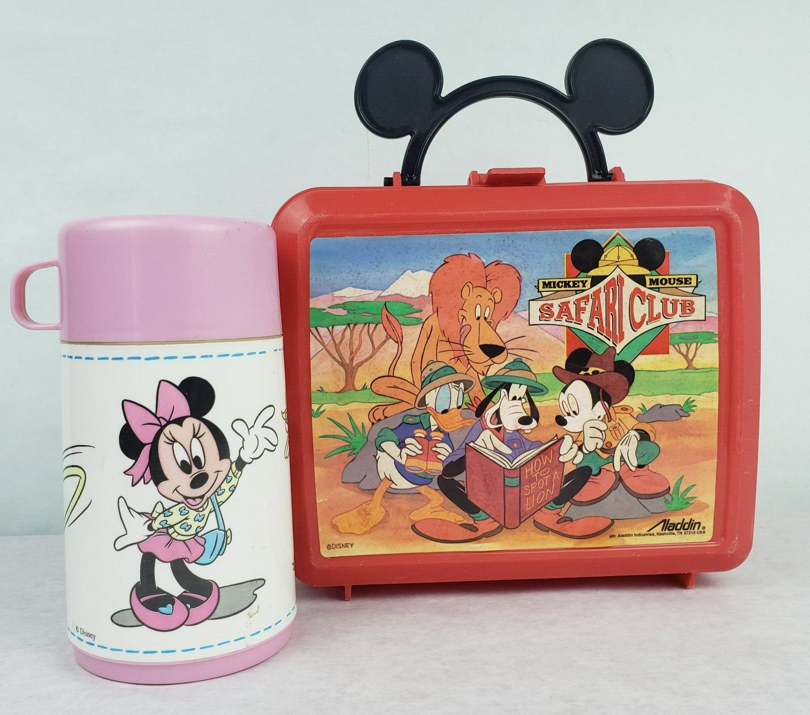 Vintage Alladin Mickey Mouse Safari Club Red Plastic Lunch Box w/Thermos USA