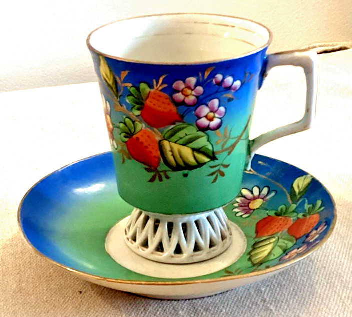 Antique Russian Kuznetsov Porcelain Teacup Saucer Strawberry Reticulated Base