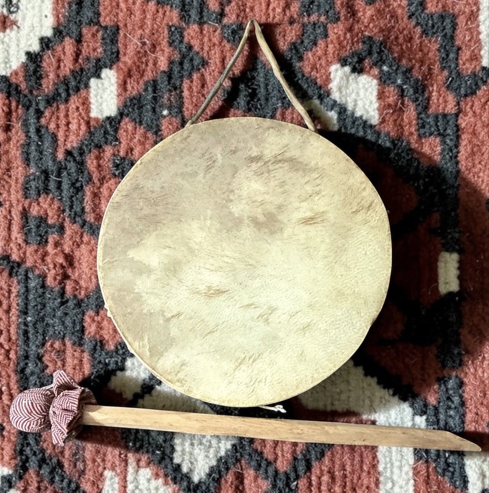 Vintage Native American Ceremonial Drum Rawhide Double Sided w/Mallet