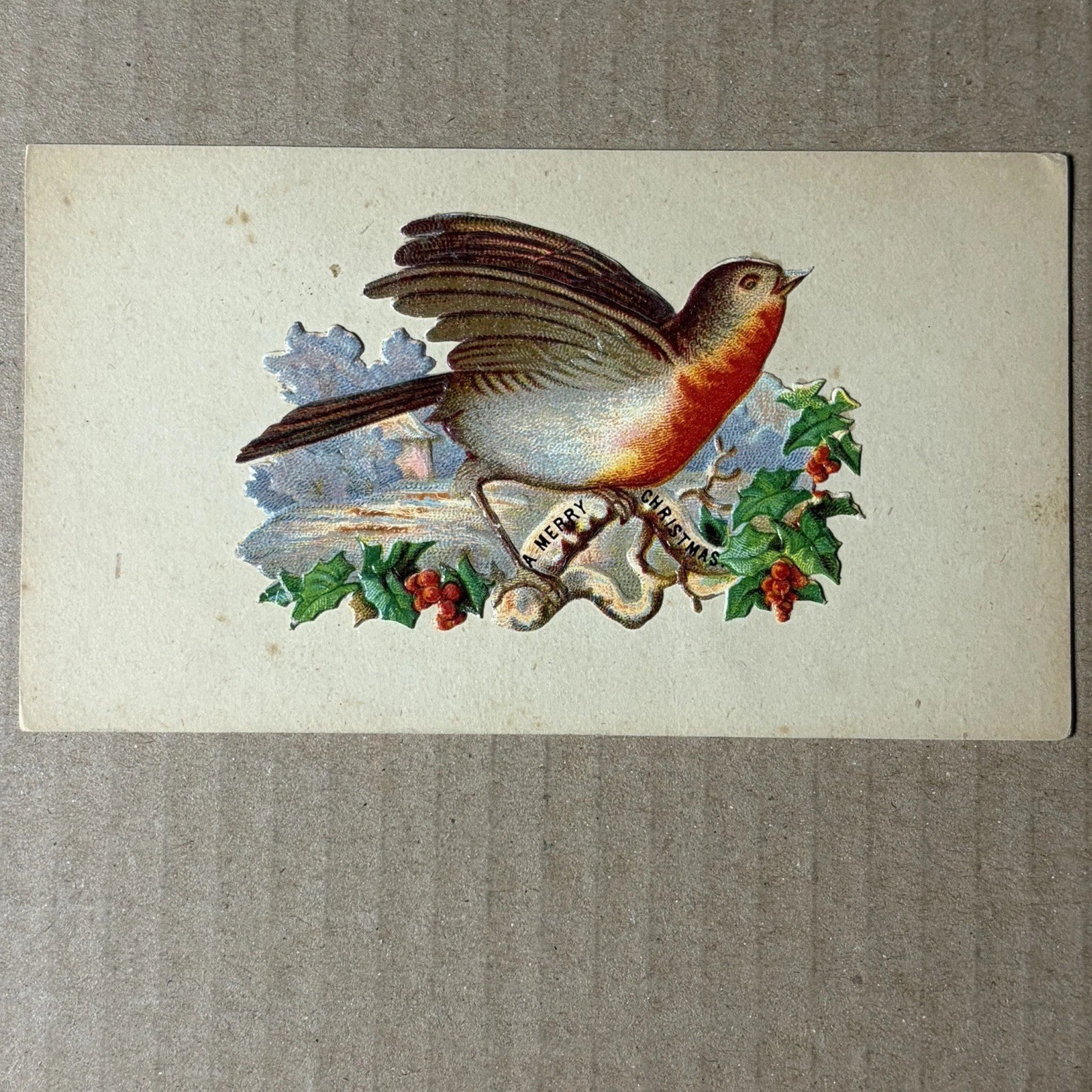 Antique 20s 30s Christmas Card Ted Breasted Bird Holly 