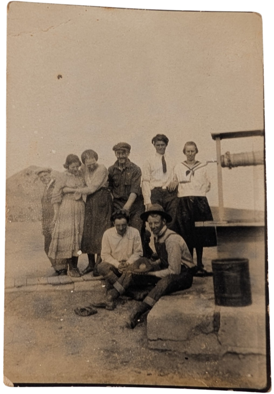 Vintage AZO RPPC 8 Person Group Beside Machinery 1918 to 1930 Trimmed Vintage AZO RPPC 8 Person Group Beside Machinery 1918 to 1930 Trimmed