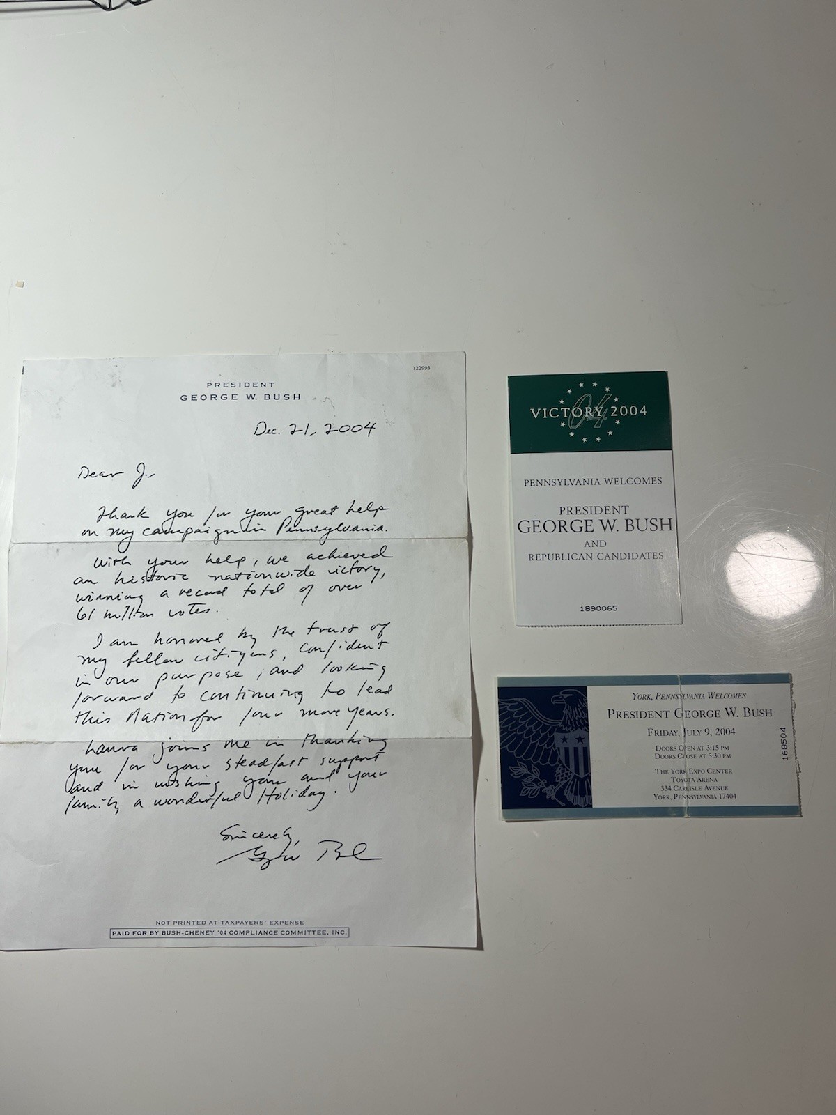 George W Bush 2004 Handwritten Signed Letter Pennsylvania Campaign Tickets