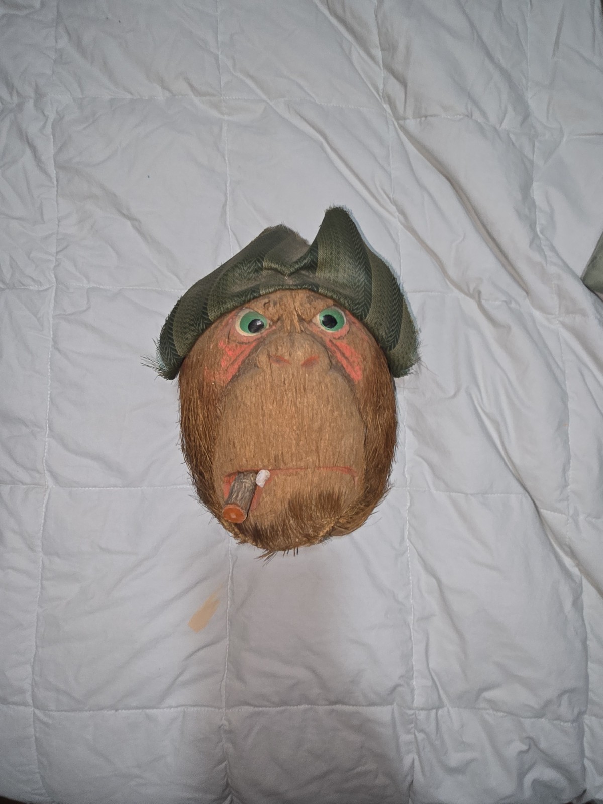 Vintage 1970s Handmade Coconut Shell Face Wall Hanging Folk Art Tropical Decor 