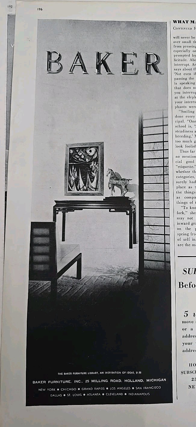 1958 Baker Mid Century Modern Furniture Foyer Sofa Table Chair ad 