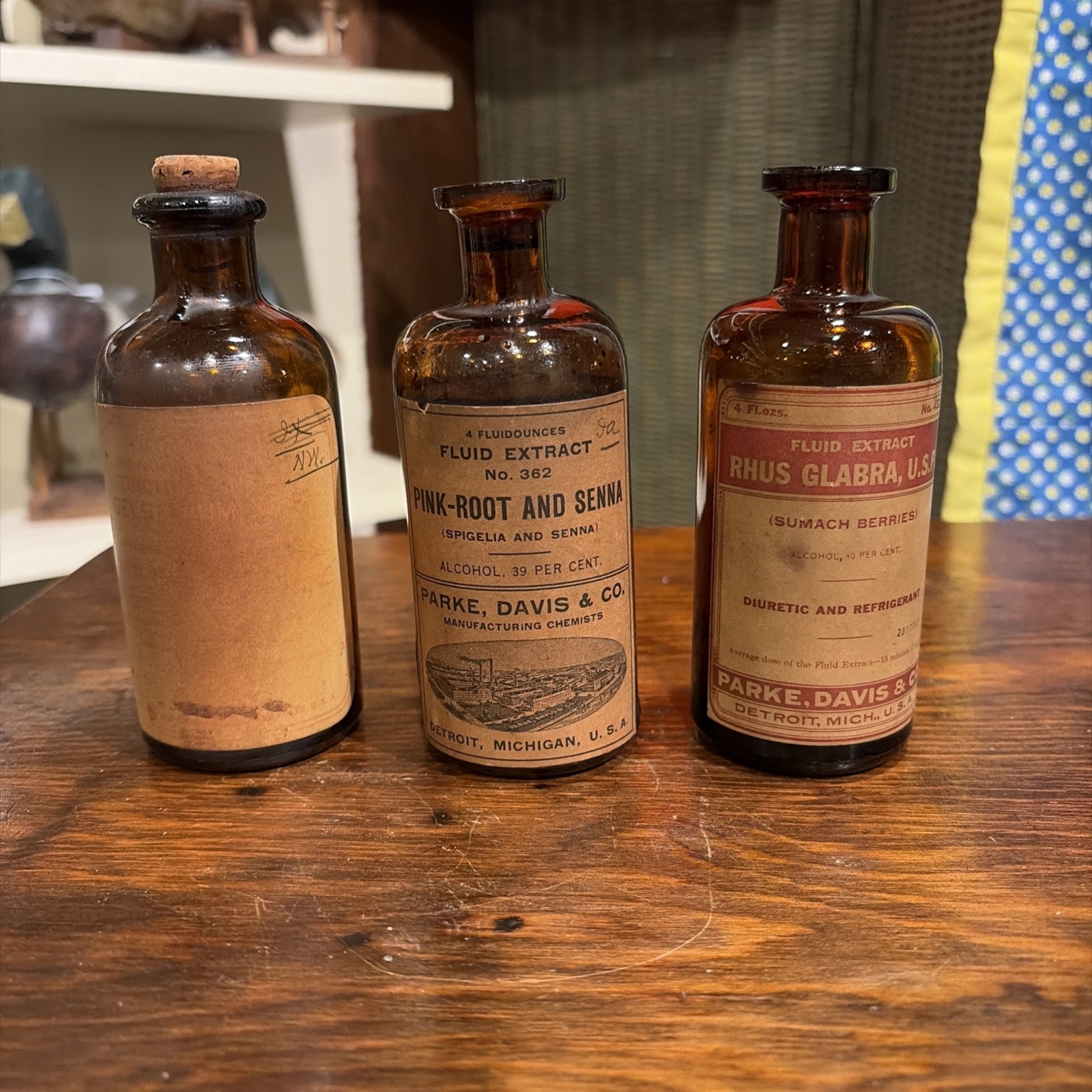 3 Vintage Cork Top Paper Labels Amber Bottles 2 Parke, Davis & Co 1 Unknown Drug