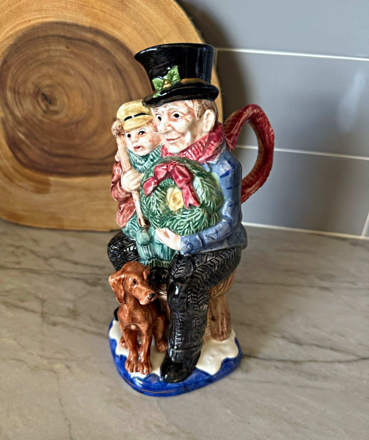 Vtg 1998 1 Qt Ceramic Figural 3D Pitcher Man Boy Dog Christmas Wreath