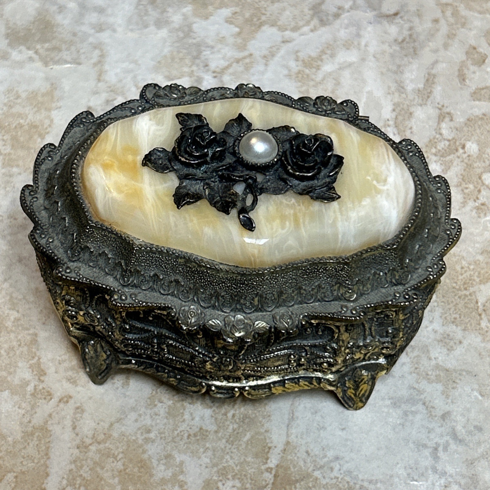 Vintage Westland Music Trinket Box Plays Moonlight Marble Top Hinged Japan