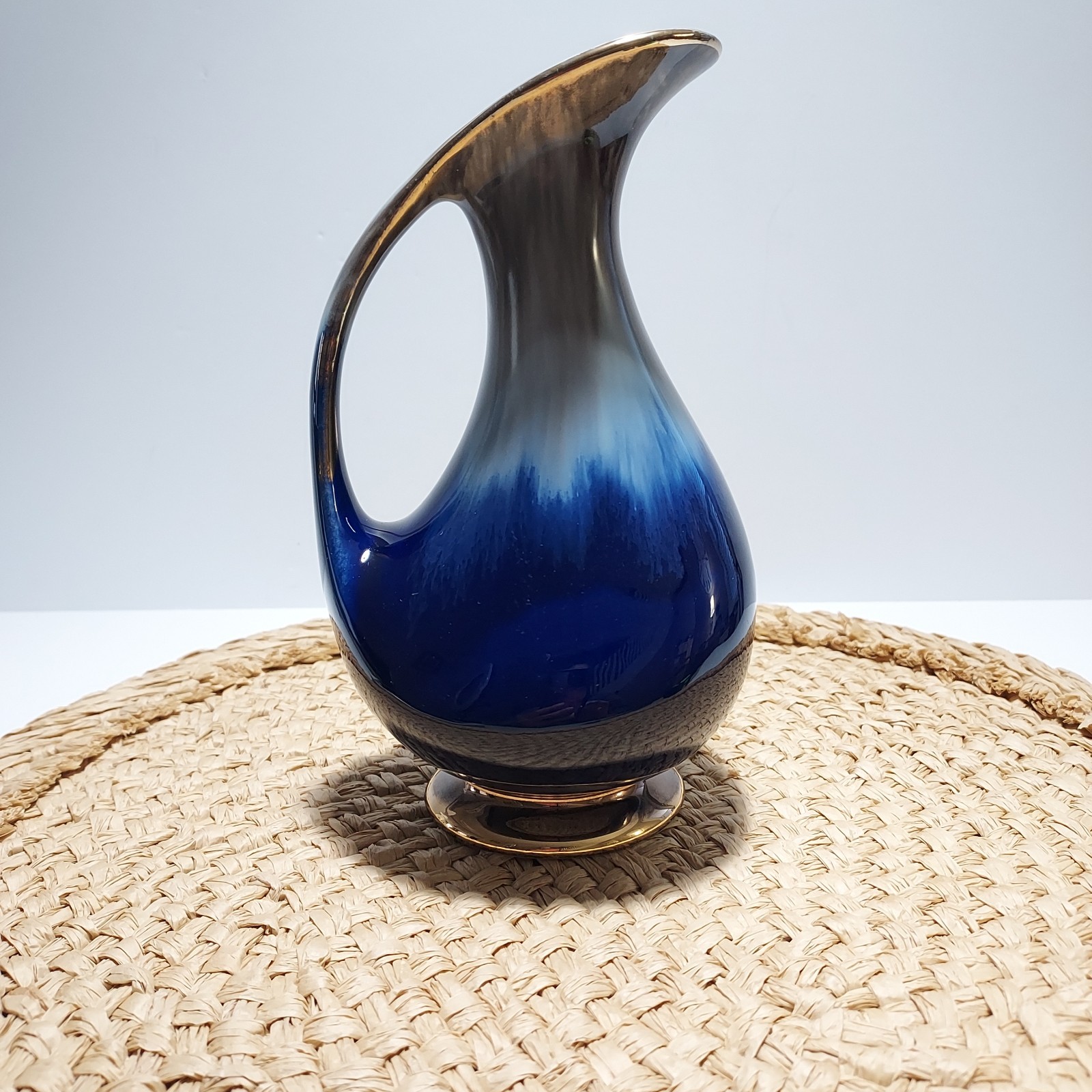 MCM Retro 1950s West Germany Pottery Ewer Pitcher Vase Cobalt Blue Gold 675 7.5\ MCM Retro 1950s West Germany Pottery Ewer Pitcher Vase Cobalt Blue Gold 675 7.5\