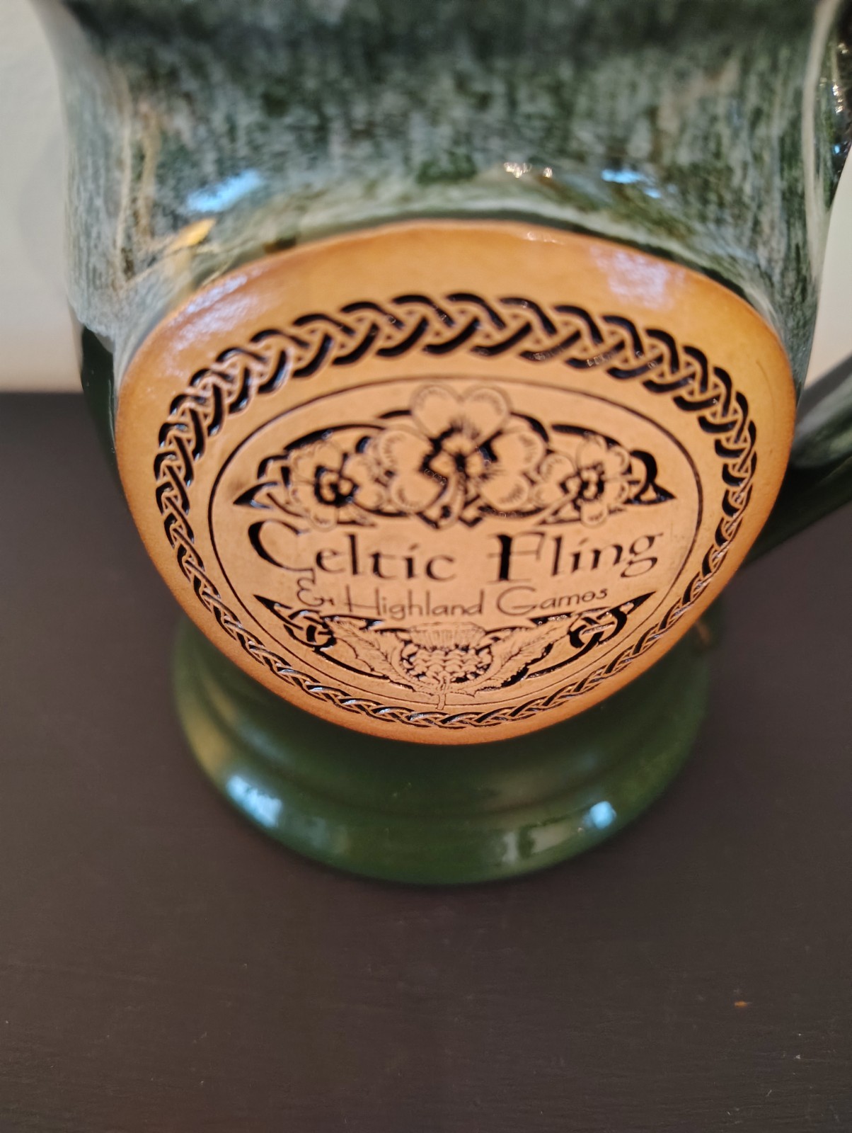 PA Renaissance Celtic Pottery Mug Green Drip Glaze Glossy 16 Oz 