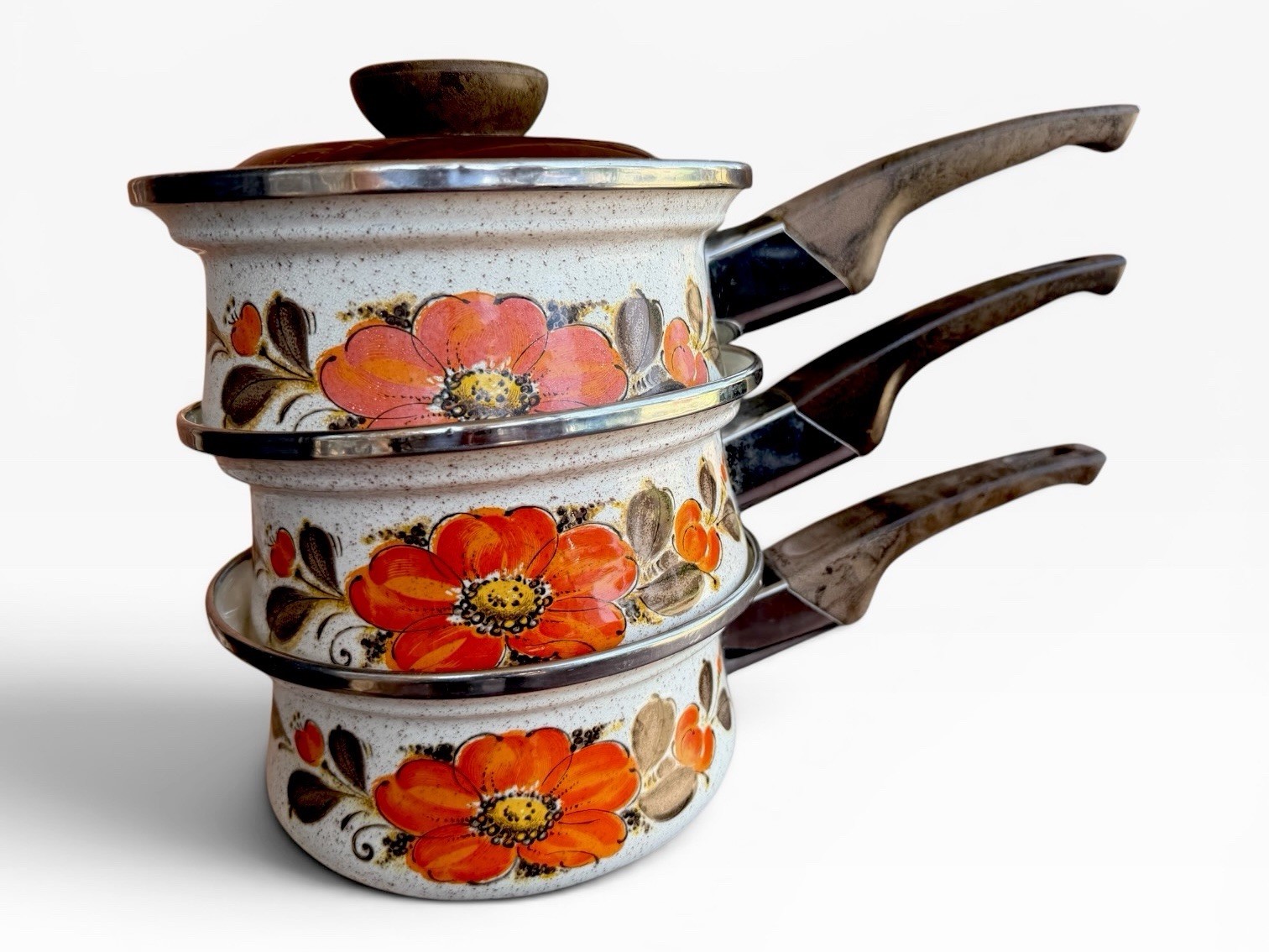 Three Vintage Sanko Ware Japan Sauce Pans: 1960s Floral Enamelware