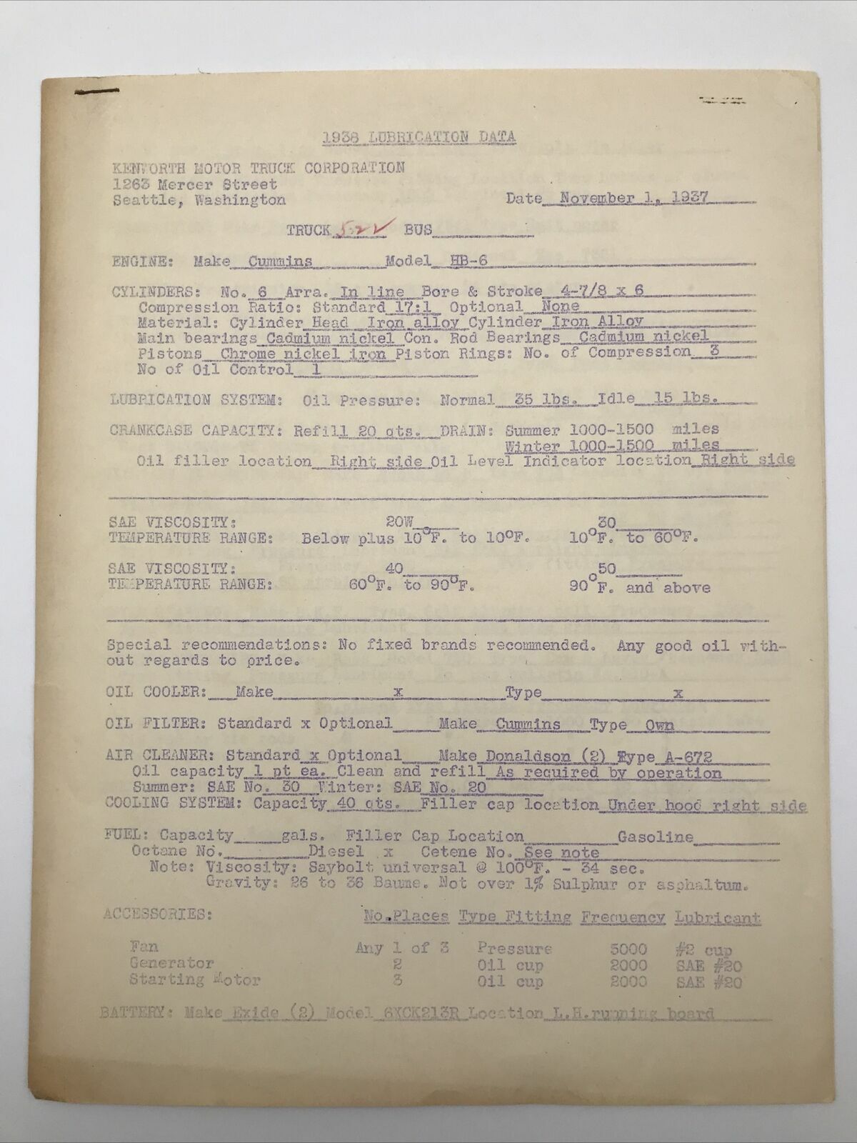 1936 KENWORTH MOTOR TRUCK CORPORATION LUBRICATION DATA Cummins HB-6 Engine #522