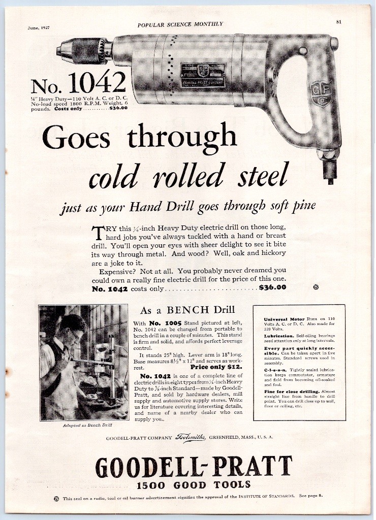 Goodell-Pratt No 1042 Electric Drill Toolsmiths Greenfield MA 1927 Print Ad