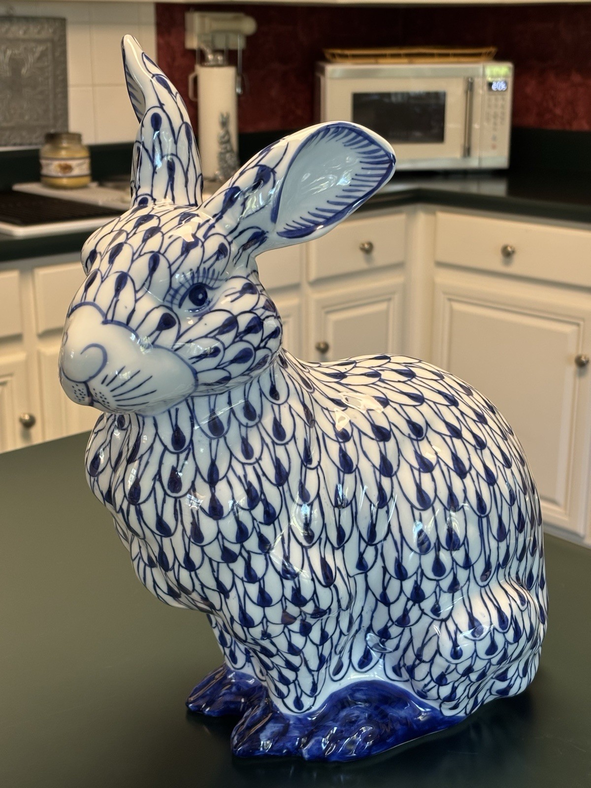 Large Bunny Rabbit Figurine Sculpture Blue & White Fishnet Pattern 15 1/8