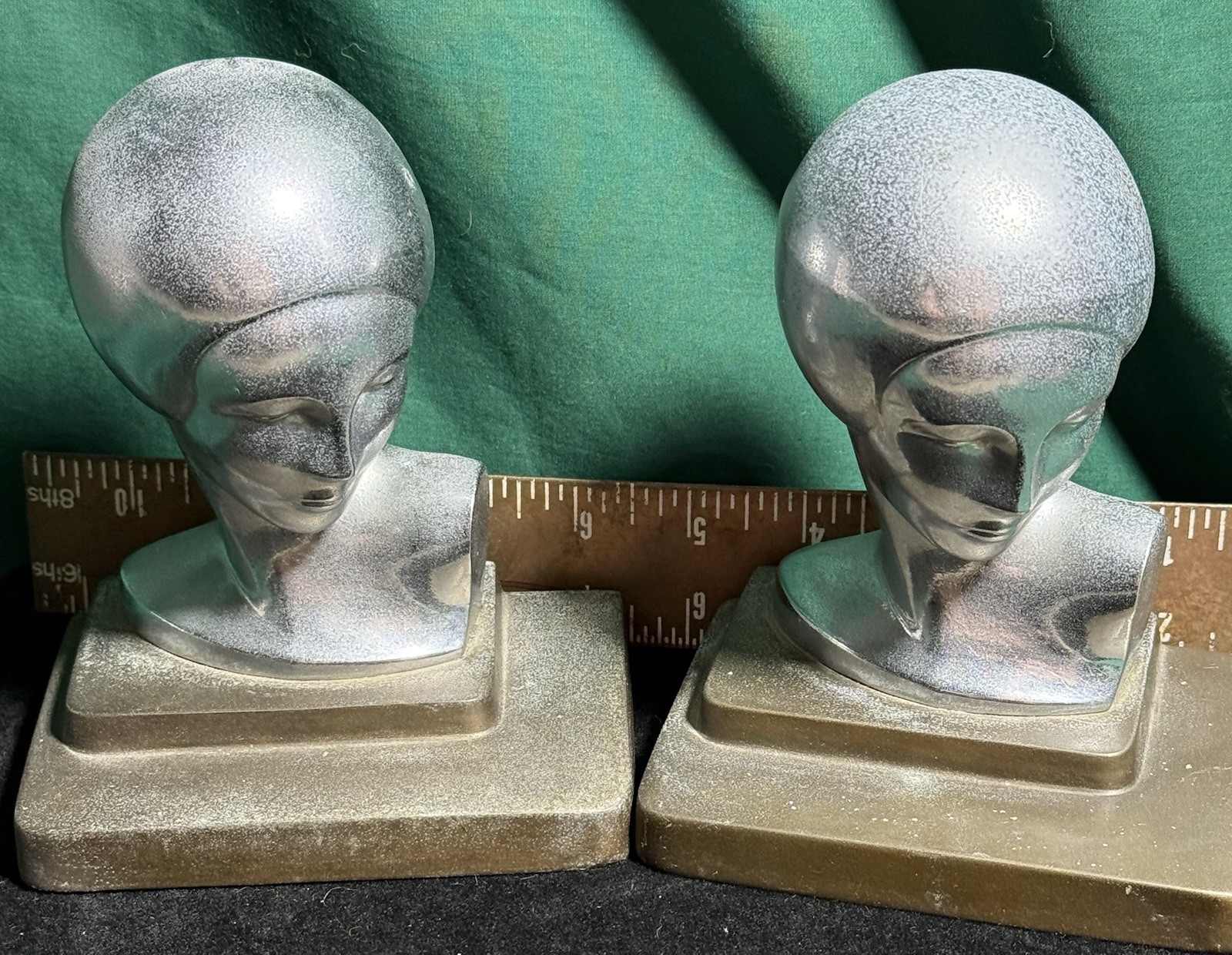 ANTIQUE ART DECO FRANKART CHROMED SOPHISTICATE LADY HEAD SCULPTURE BOOKENDS
