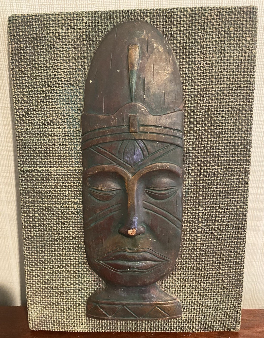 Vintage African-Inspired Tribal Mask Wall Plaque Wood & Burlap Textured 