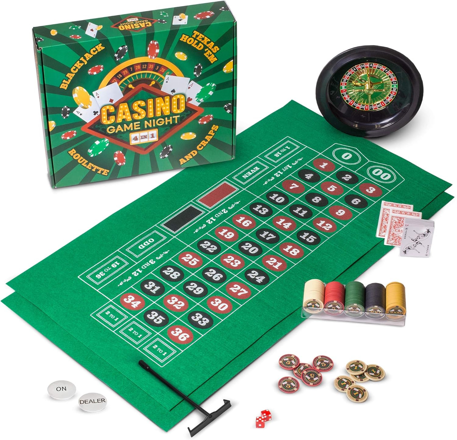 Brybelly Casino Night 4-In-1 Complete Game Set with Felts, Wheel, 100 Chips, Dic