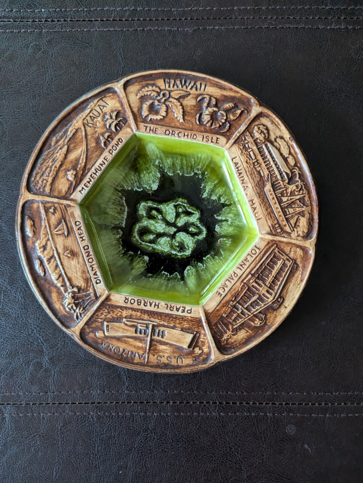Vintage Hawaii Souvenir Ceramic Drip Glaze Dish 8\
