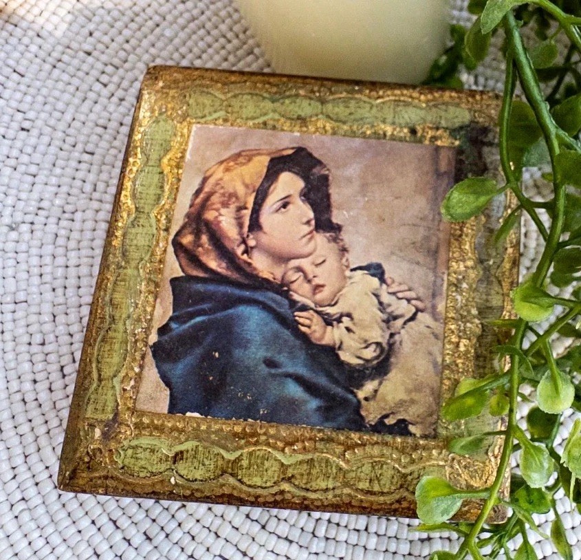 vintage Italian Florentine gilded wood trinket box Madonna and Child