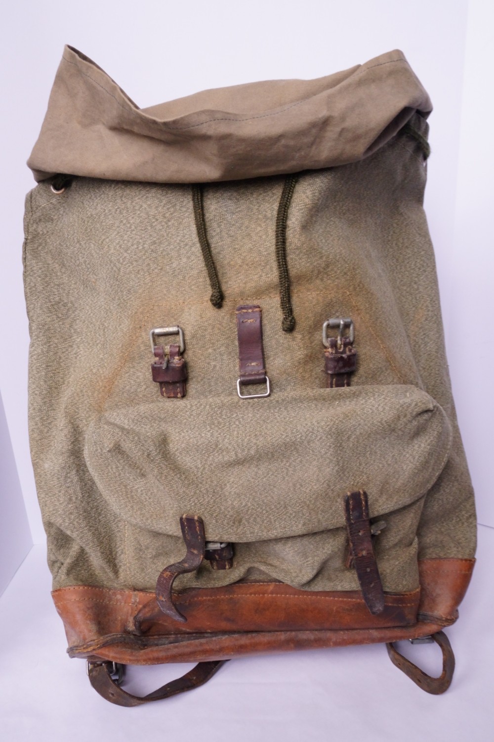 Vtg Swiss Army Military Backpack Rucksack Salt and Pepper Canvas & Leather