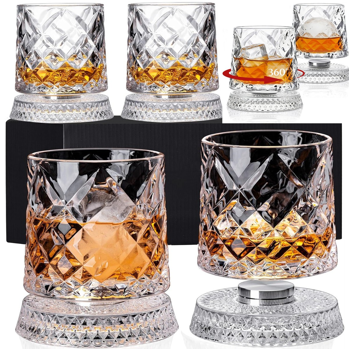 4PCS Spinning Whiskey Glasses 9.5oz Lead-Free Rotating Rocks Glasses Men's Gift