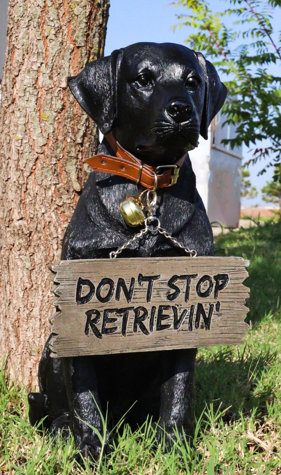 Lifelike Black Labrador Retriever Dog With Welcome Jingle Collar Sign Statue Lifelike Black Labrador Retriever Dog With Welcome Jingle Collar Sign Statue