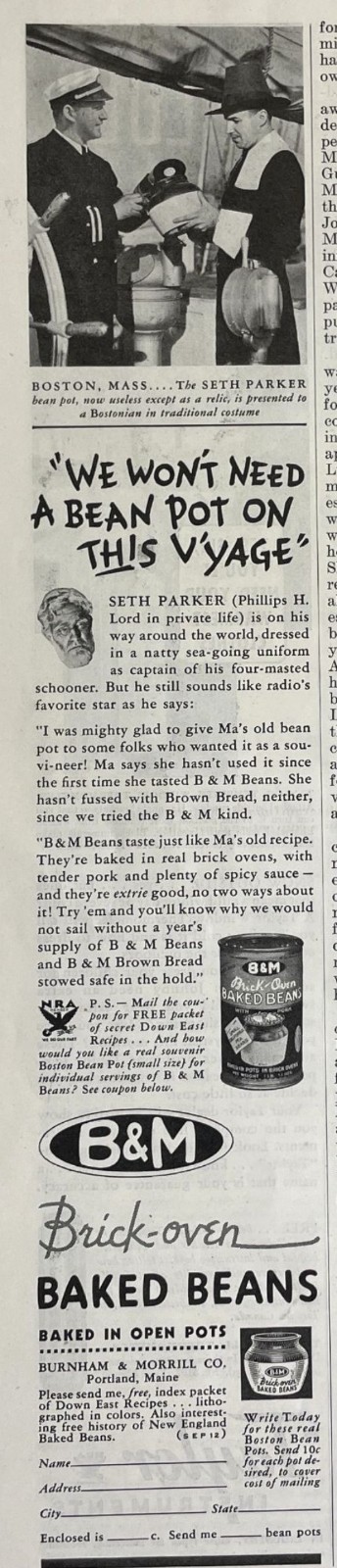 B&M Baked Beans Vintage Print Ad 1934 Boston Mass Burnham & Morrill Co u