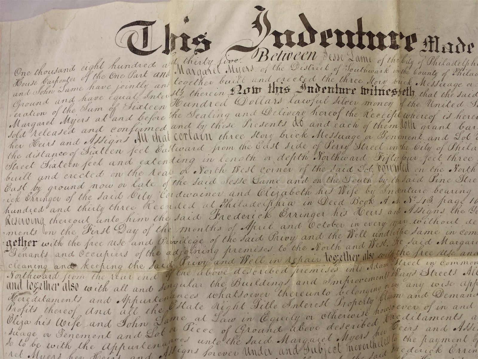 1835 antique VELLUM DEED philadelphia pa ERRINGER MYERS JESSE LAME pine street