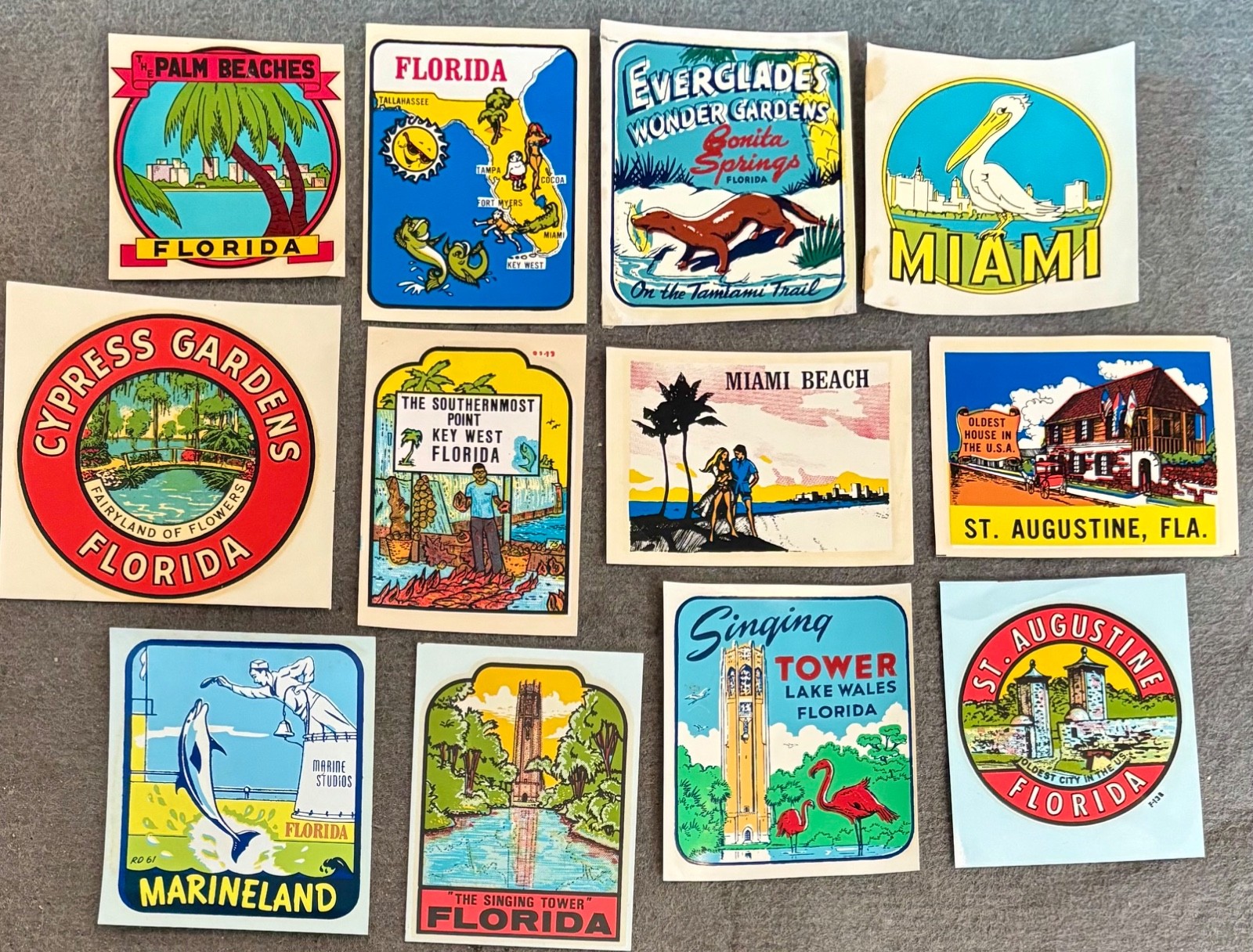12 Different Vintage Florida Souvenir Travel Decals
