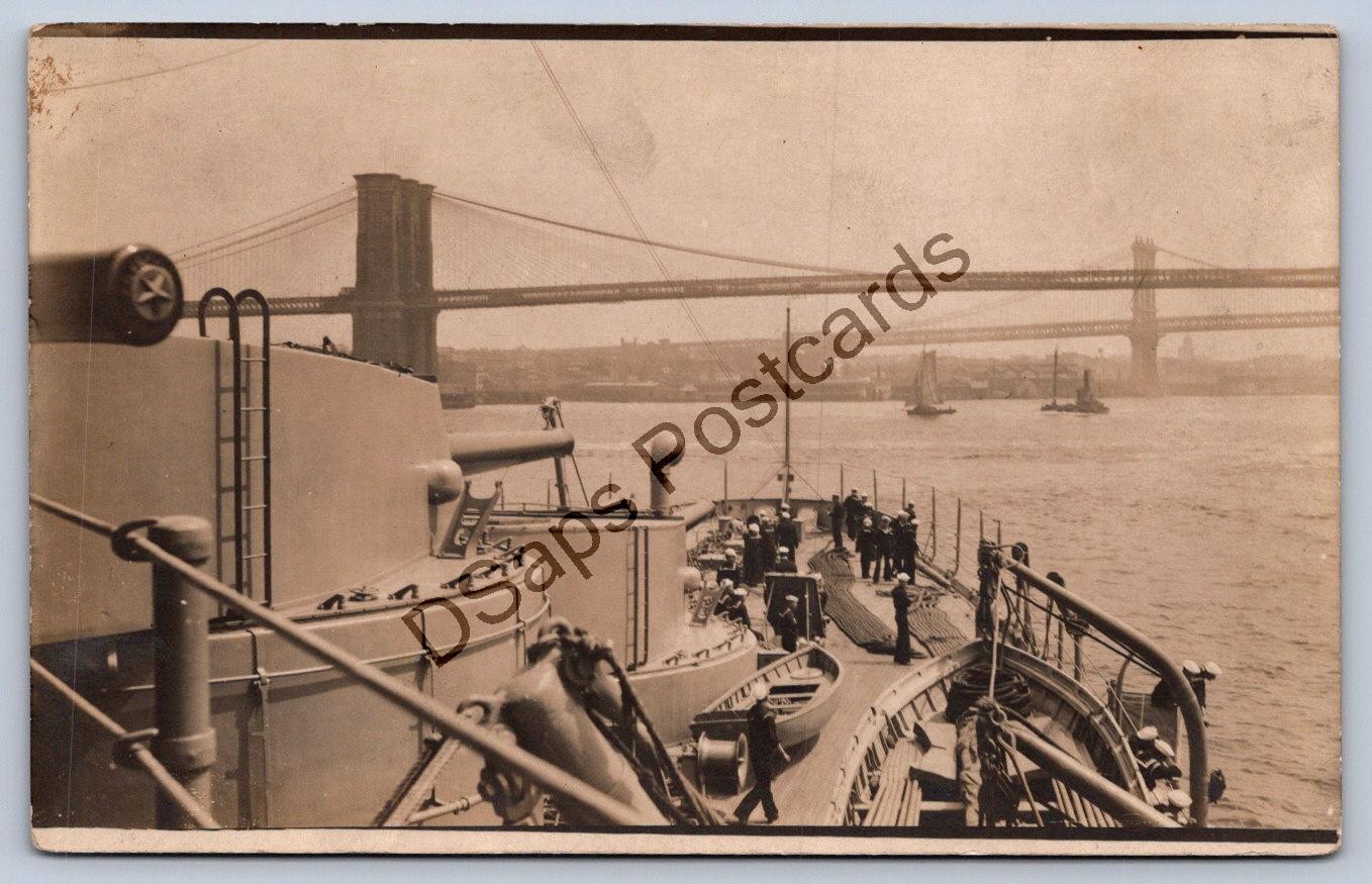 K55/ New York City RPPC Postcard c1910 Bridge Navy Ship Entering Sailors 518