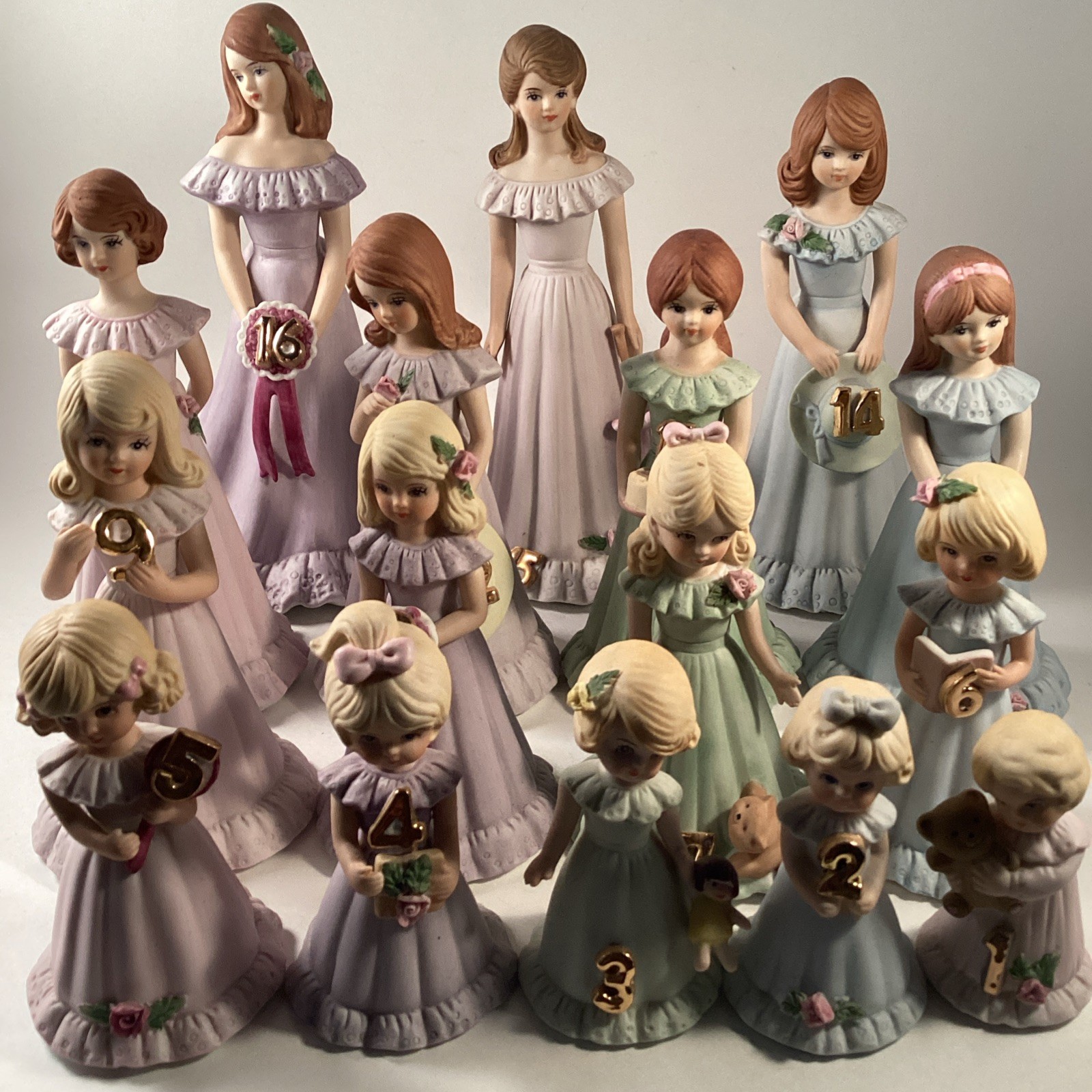 Enesco Growing Up Birthday Girls set ages 1-16, 1980s, All pristine. Enesco Growing Up Birthday Girls set ages 1-16, 1980s, All pristine.