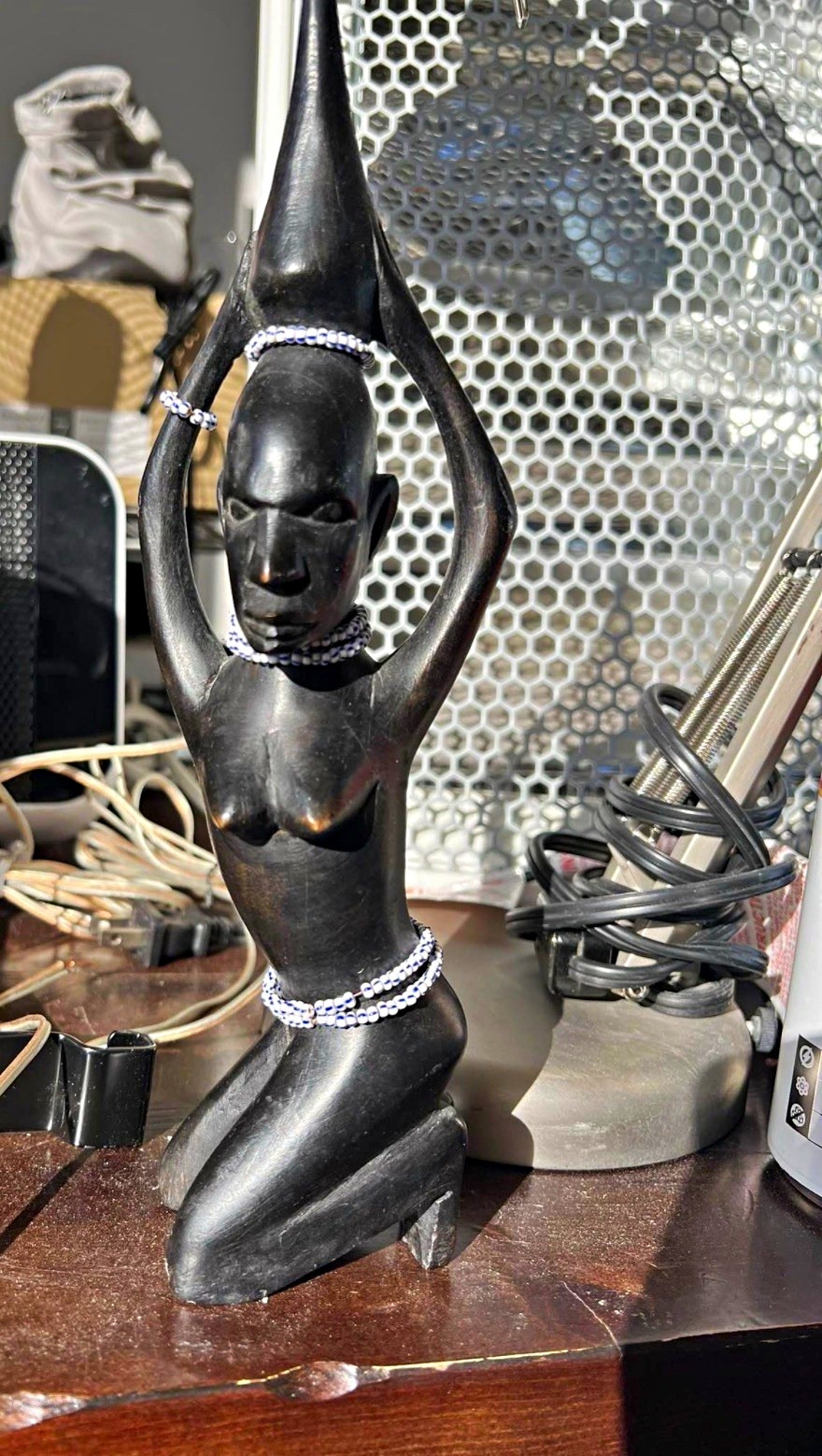 Hand-Carved African Wood Sculpture – Beaded Figure