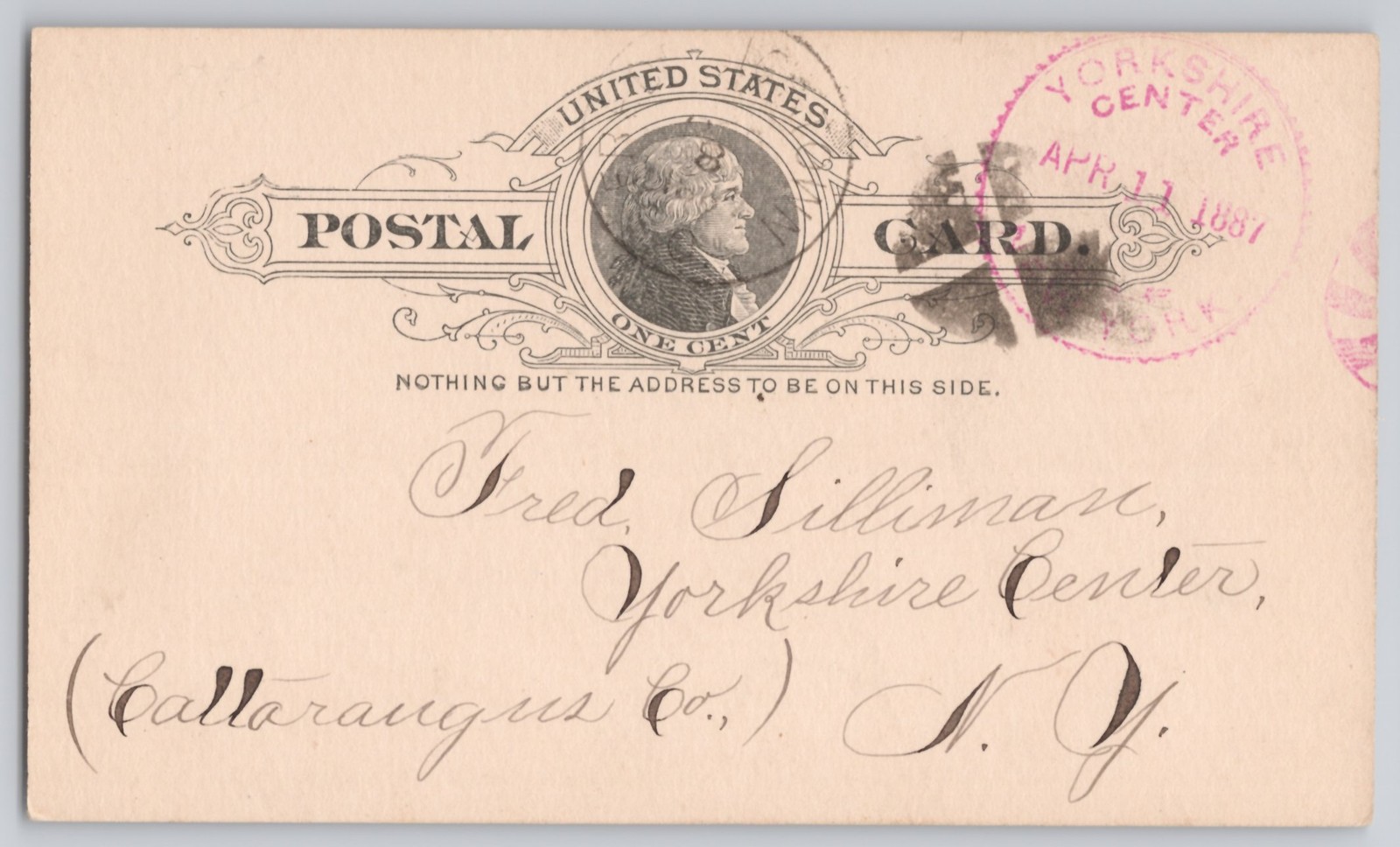 Yorkshire Center, NY One-Cent Jefferson postal card, Undivided Back 1881