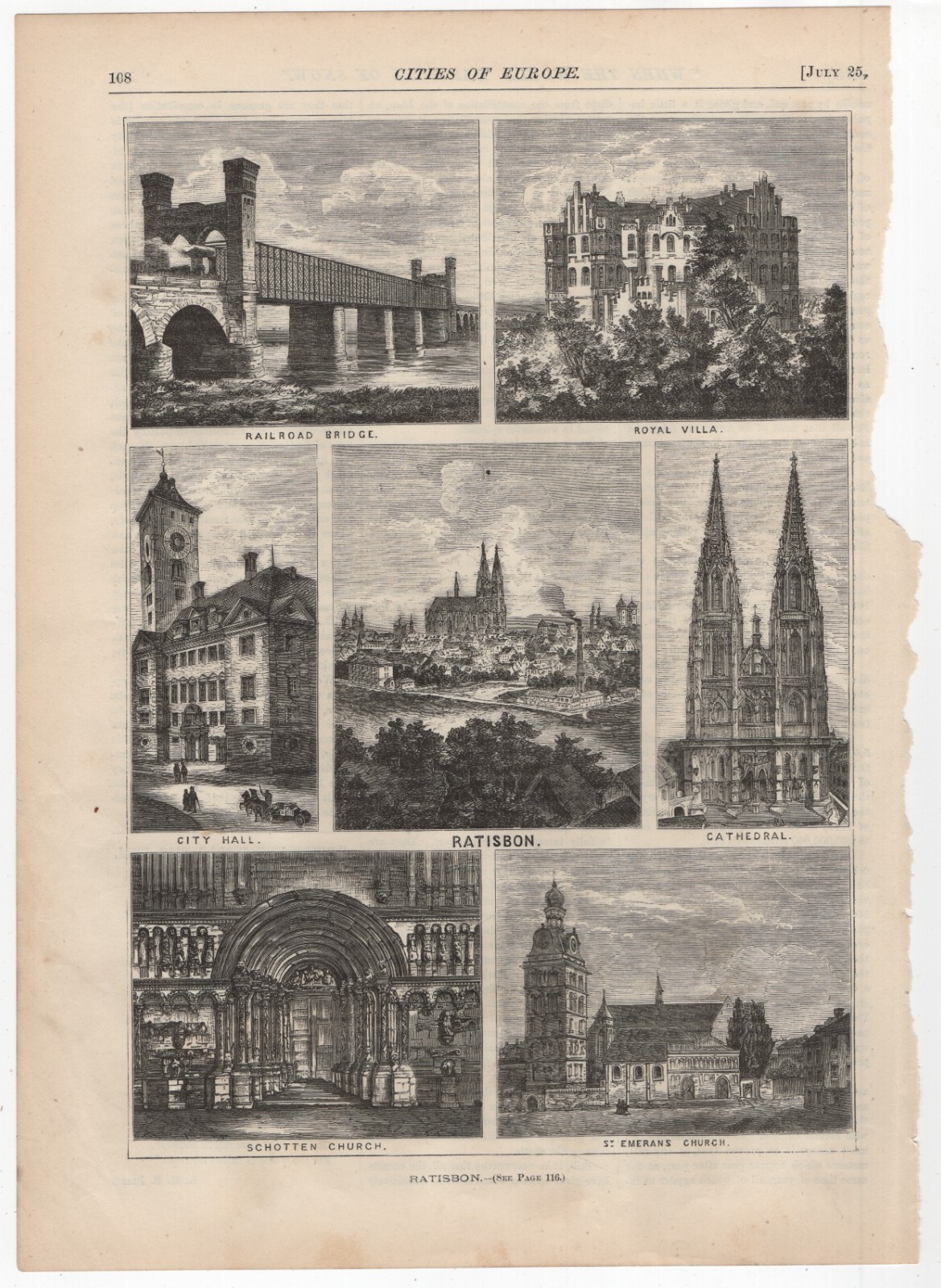 1874 Vict Printed Engraving, Railroad Bridge in Ratisbon, Regensburg, Germany