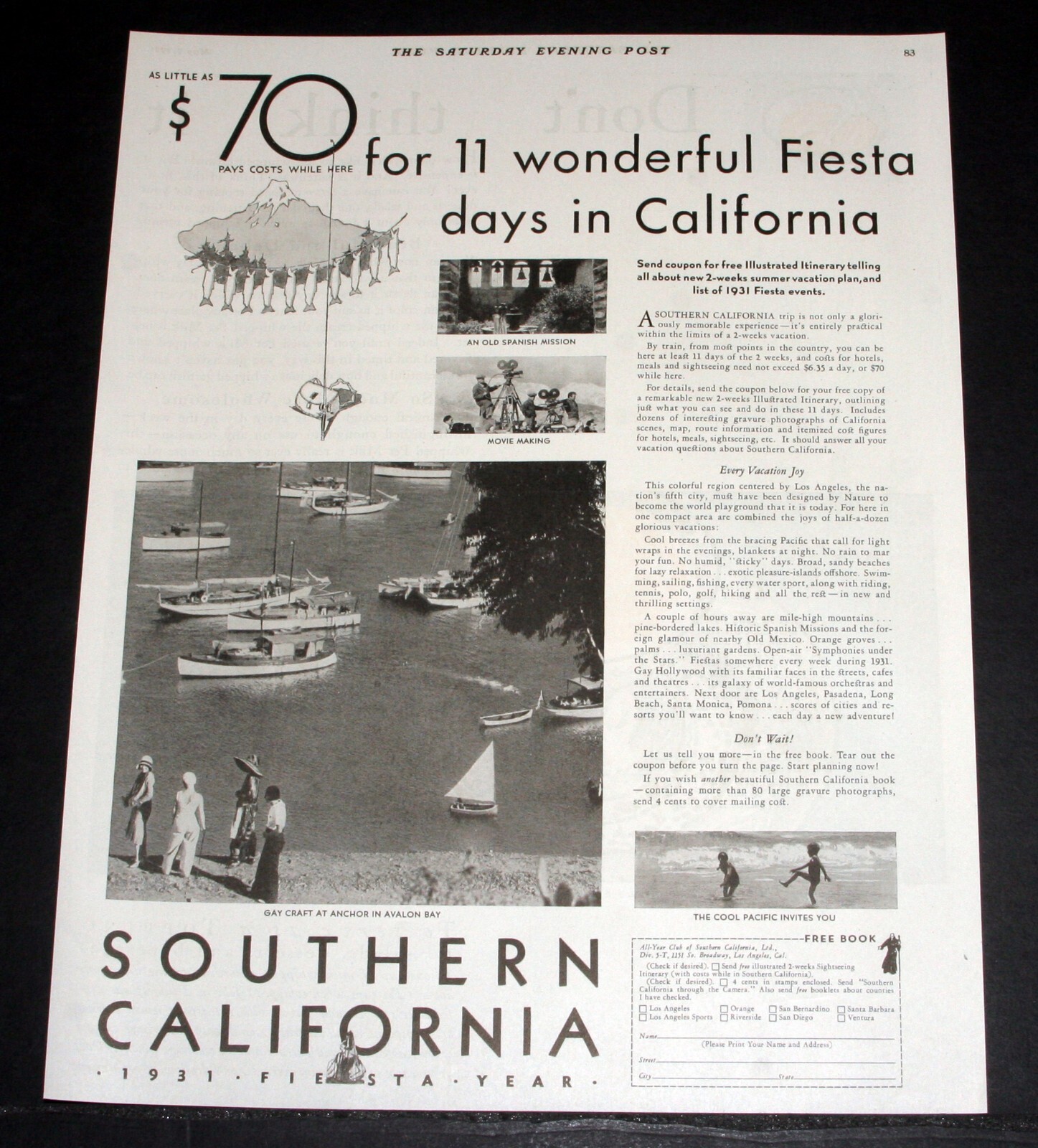 1931 OLD MAGAZINE PRINT AD, CALIFORNIA ALL-YEAR CLUB, VACATION BY THE PACIFIC