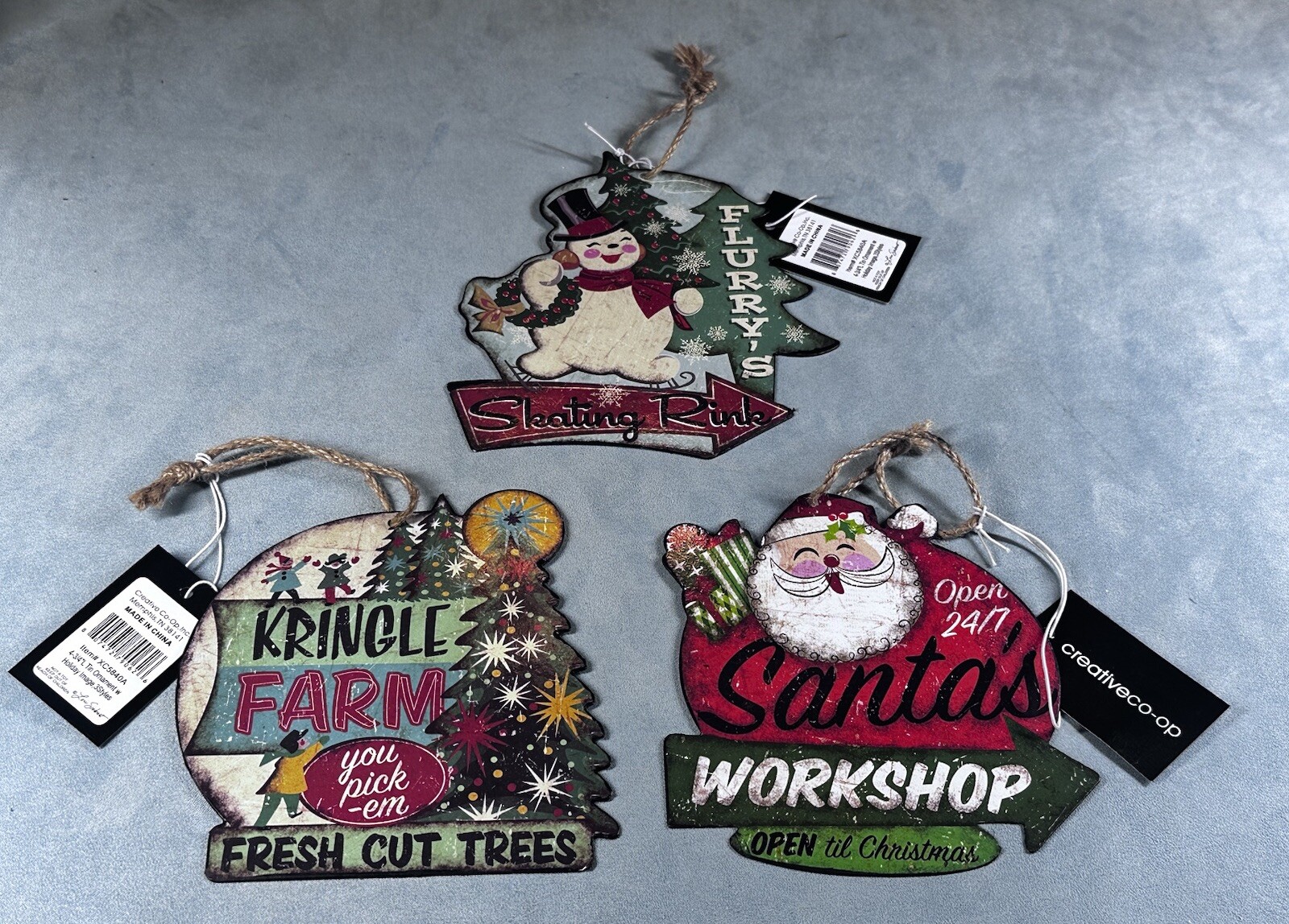 3 New Lori Siebert Vintage Style Christmas Ornaments Santa Snowman Tree Farm