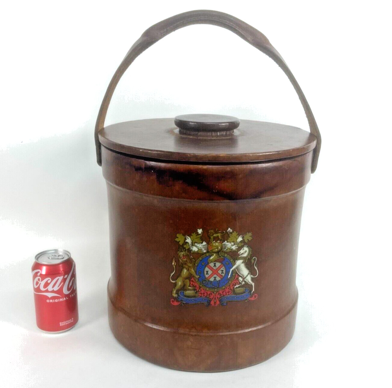 Vintage Leather Ice Bucket 16qt British Coat of Arms of Unknown Heraldry