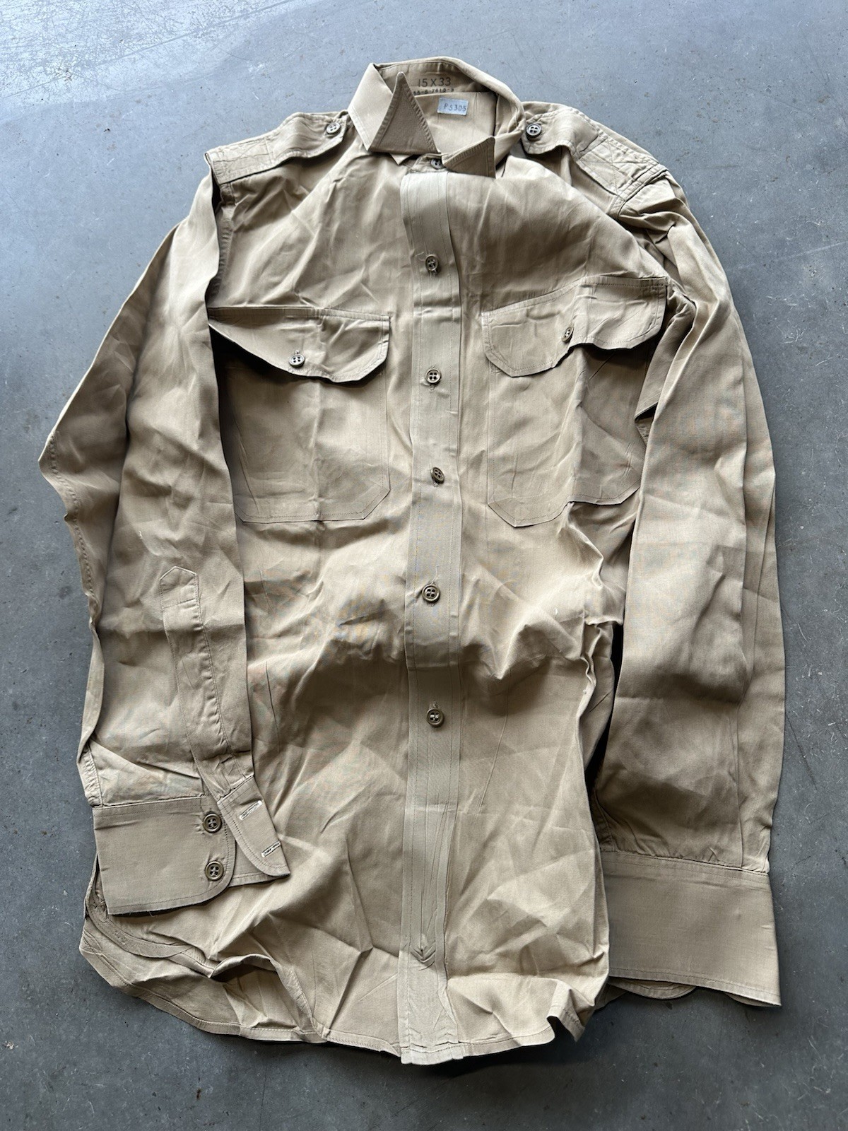 NOS US ARMY 40s 50s Poplin Cotton Khaki Men’s Stand-Up Collar Shirt 1946 