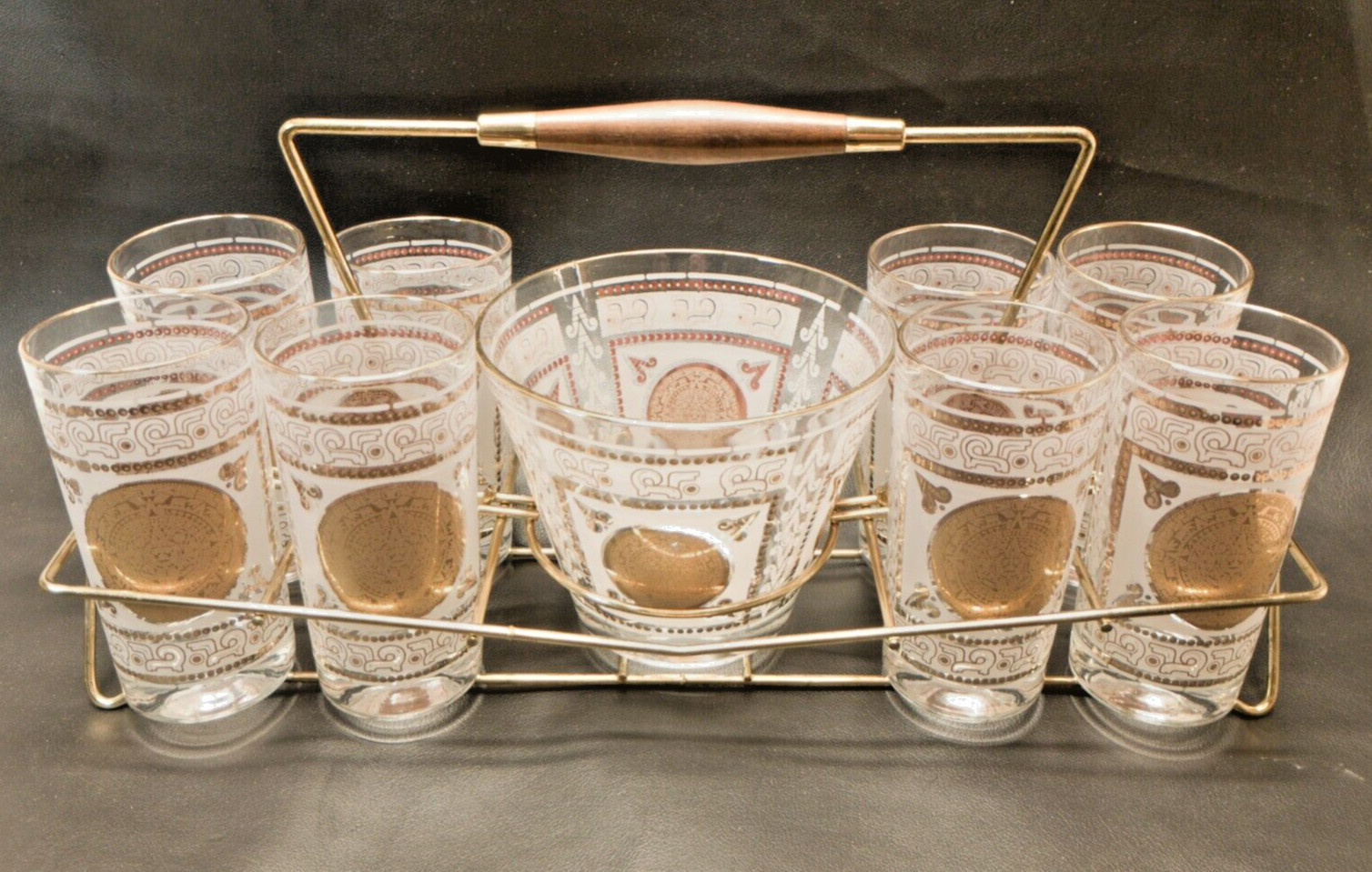 Vtg MCM Hazel Atlas Aztec Gold 10 Pc Barware Set with 8 Highball Glasses & Ice B