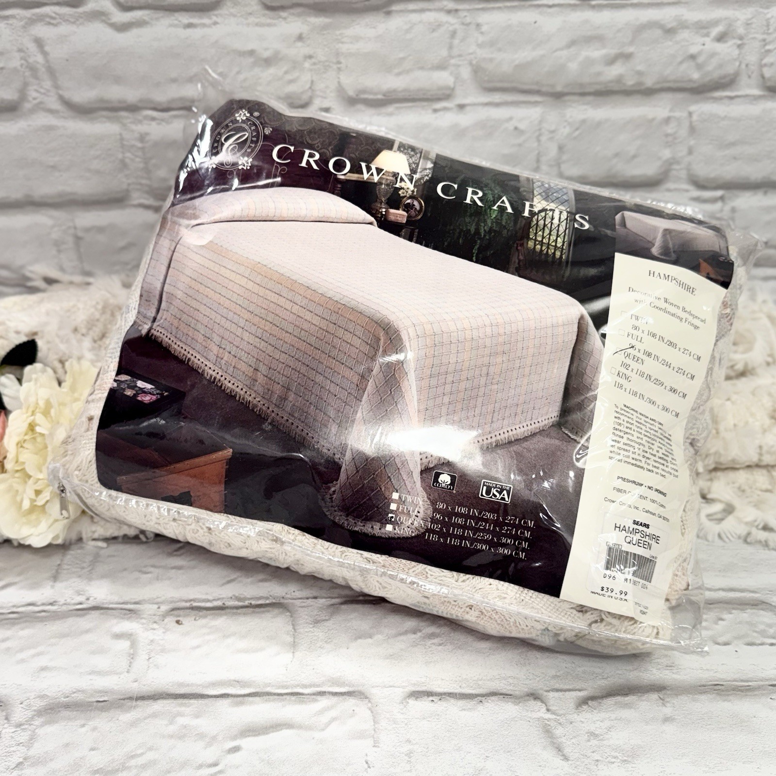 Vtg Sears Crown Craft Hampshire Queen Bedspread Waffle Weave Ivory Pastel Fringe